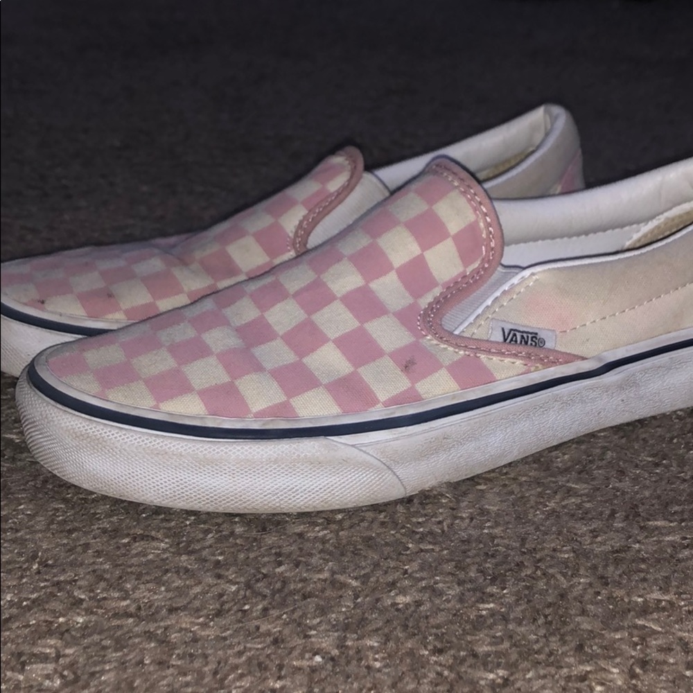 pink checkered slip on vans